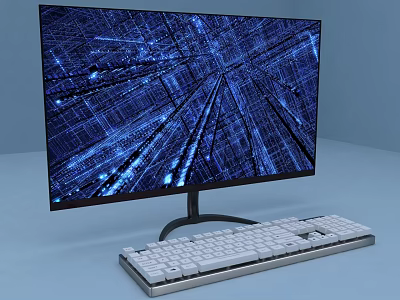 Modern Desktop Computer Monitor with Blue Tech Pattern Screen and White Keyboard Design 3d model