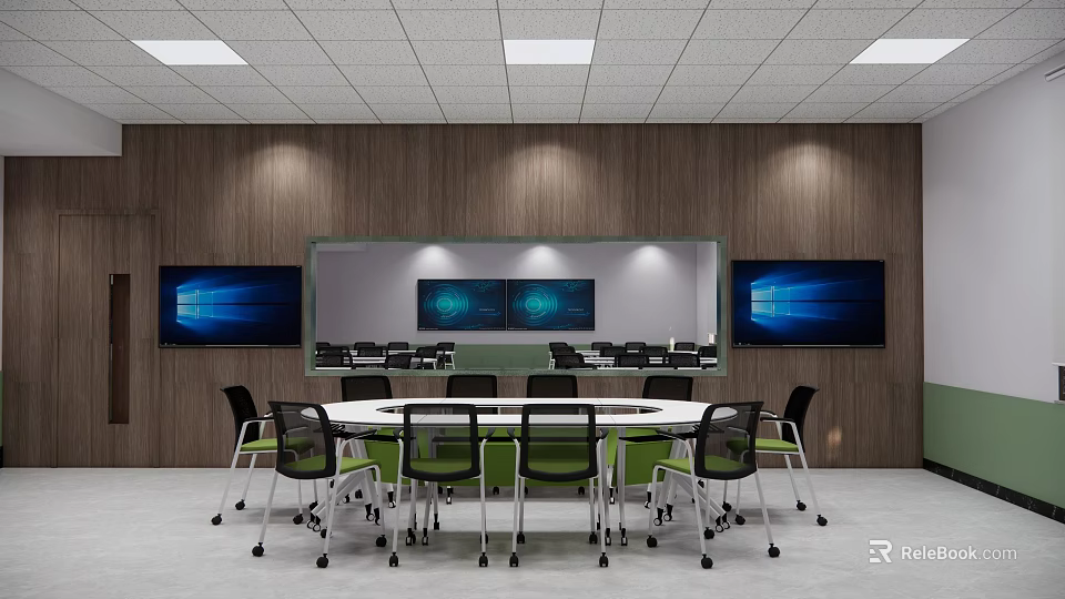 Modern School Meeting Room With Round Table Green Chairs Large Screens And Wooden Walls 3d model 