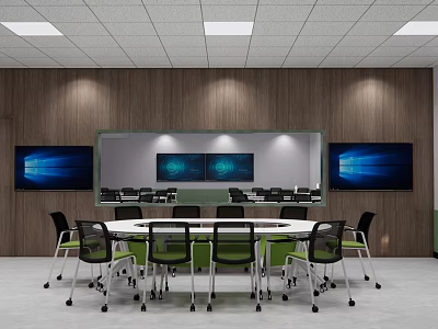 Modern School Meeting Room With Round Table Green Chairs Large Screens And Wooden Walls 3d model