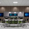 Modern School Meeting Room With Round Table Green Chairs Large Screens And Wooden Walls
