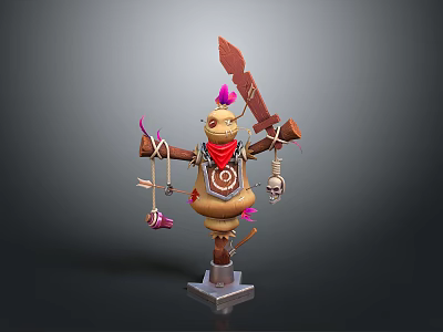 Cartoon Style Tribal Voodoo Doll 3D Model With Gourd Body Red Scarf And Large Knife 3d model