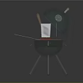 Green Barbecue Grill With Open Lid Grill Rack And Food Items On Metal Legs
