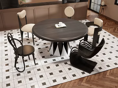 Modern Round Dining Table Set With Stylish Chairs Brown Cabinets And Checkerboard Floor 3d model