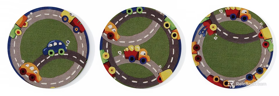 Colorful Circular Rug With Cartoon Cars And Road Design For Kids Room 3d model 