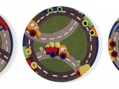 Colorful Circular Rug With Cartoon Cars And Road Design For Kids Room 3d model