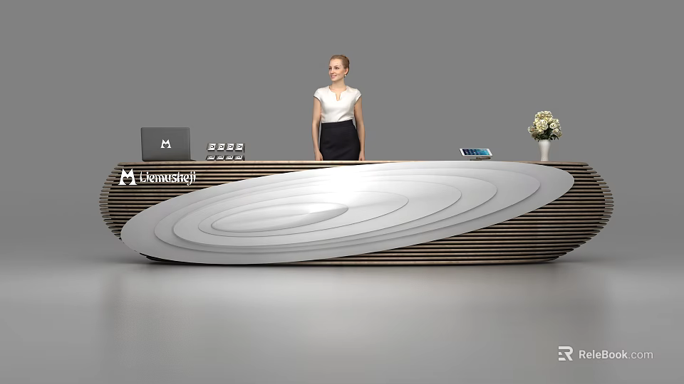 Modern Curved Wave Reception Desk With Laptop Logo Flower Vase And Receptionist 3d model 