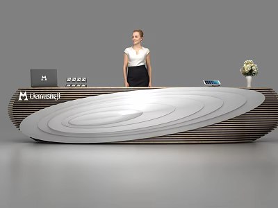Modern Curved Wave Reception Desk With Laptop Logo Flower Vase And Receptionist 3d model