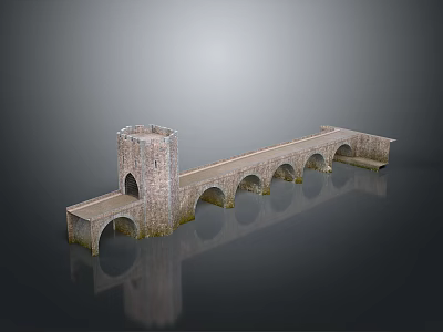 Ancient Stone Bridge Model With Tower And Multiple Arches On Reflective Surface 3d model