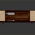 Wooden TV Stand With Woven Side Panels Open Storage Vinyl Record Player And Magazines