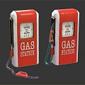 Two Vintage Red And White Gas Station Fuel Pumps With Red Fuel Nozzles