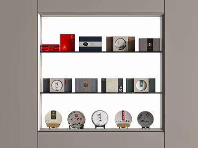 Modern Tea Wares Showcase with Glass Shelves Holding Tea Cakes and Various Designs 3d model