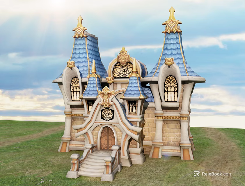 Cartoon Castle With Blue Roof Golden Decorations And Arched Windows On Green Grass 3d model 