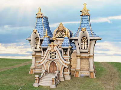 Cartoon Castle With Blue Roof Golden Decorations And Arched Windows On Green Grass 3d model