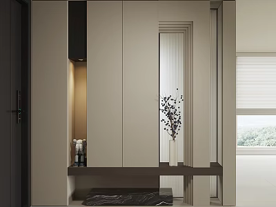 Modern Entryway Console Cabinet And Side Cabinet With Mirror Decorative Vase And Lighting 3d model