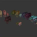 Collection Of Character And Creature Models With Brown Black And Blue Glowing Patterns