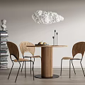 Wooden Round Dining Table Set with Wicker Chairs Cloud Pendant Light and Book Stack Sculpture 3d model