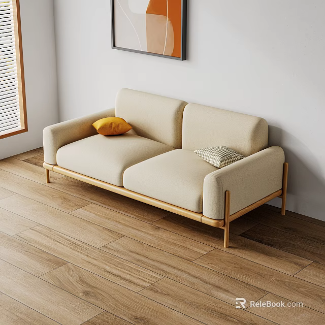 Beige Two Seater Sofa With Wooden Legs Yellow Cushion Striped Pillow On Wooden Floor 3d model 