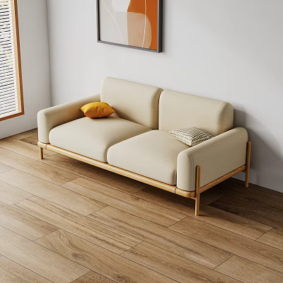 Beige Two Seater Sofa With Wooden Legs Yellow Cushion Striped Pillow On Wooden Floor 3d model