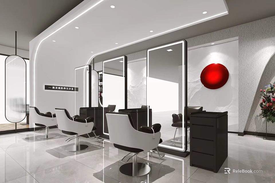 Modern Beauty Salon Interior With White Salon Chairs Black Cabinets Mirrors And Red Circular Decoration 3d model 