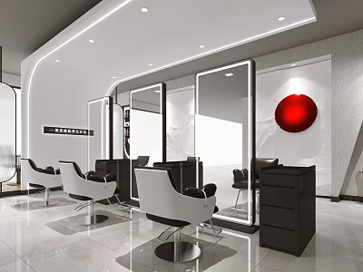 Modern Beauty Salon Interior With White Salon Chairs Black Cabinets Mirrors And Red Circular Decoration 3d model