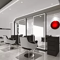 Modern Beauty Salon Interior With White Salon Chairs Black Cabinets Mirrors And Red Circular Decoration