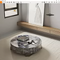 Round Marble Coffee Table in Modern Living Room With Rug Painting And Wooden Shelf