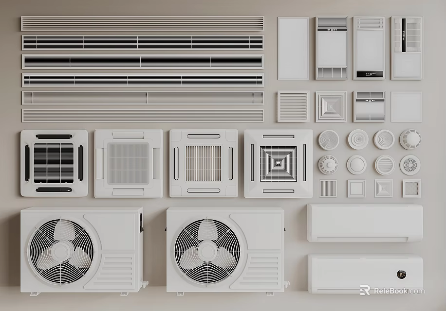 Various Air Conditioner Vents With Different Grille Designs And Wall Mounted Units 3d model 