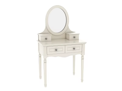 White Classic Dressing Table with Round Mirror Slender Legs and Storage Drawers 3d model