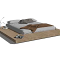 Modern Double Bed on Wooden Platform with White Sheets Brown Blanket Decorative Vase and Magazines