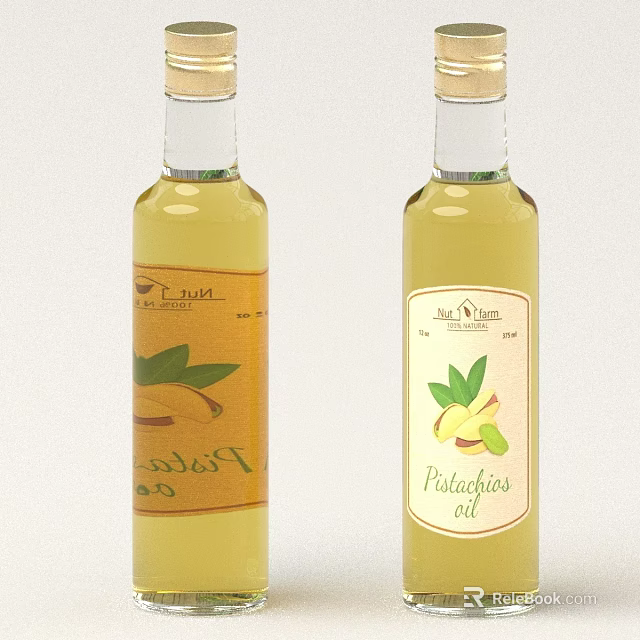 Pistachio Oil Clear Glass Bottles With Natural Labels And Green Leaf Illustrations 3d model 
