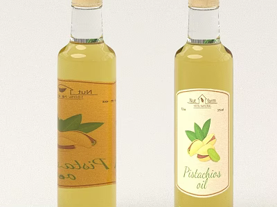 Pistachio Oil Clear Glass Bottles With Natural Labels And Green Leaf Illustrations 3d model