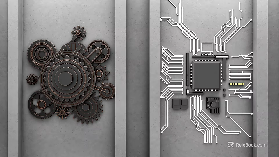 Industrial Mechanical Wall Decor with Gears and Circuit Board Patterns on Gray Wall 3d model 