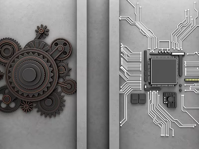 Industrial Mechanical Wall Decor with Gears and Circuit Board Patterns on Gray Wall 3d model