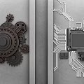 Industrial Mechanical Wall Decor with Gears and Circuit Board Patterns on Gray Wall