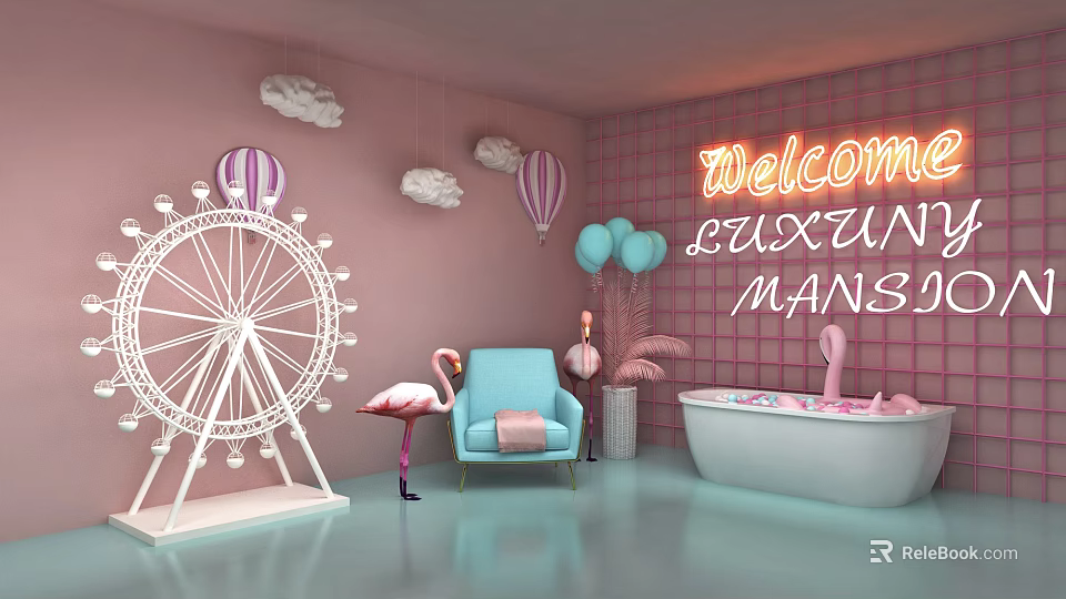 Pink Themed Photo Check In Spot With Ferris Wheel Flamingo Balloons And Neon Sign 3d model 