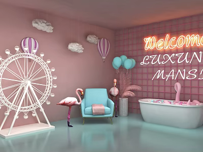 Pink Themed Photo Check In Spot With Ferris Wheel Flamingo Balloons And Neon Sign 3d model