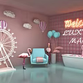 Pink Themed Photo Check In Spot With Ferris Wheel Flamingo Balloons And Neon Sign