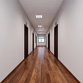 Office Corridor Interior With Wooden Flooring Desk Chair Wall Posters TV Screen And Ceiling Lights