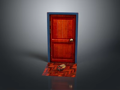 Red Wooden Hinged Door With Blue Frame And Golden Handle On Patterned Floor 3d model