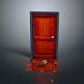 Red Wooden Hinged Door With Blue Frame And Golden Handle On Patterned Floor