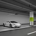 Modern Spacious Parking Garage With White Pillars Green Base Parked Cars And White Lane Lines