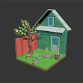 Scenic View of Green Small House with White Roof Red Fence and Large Tree