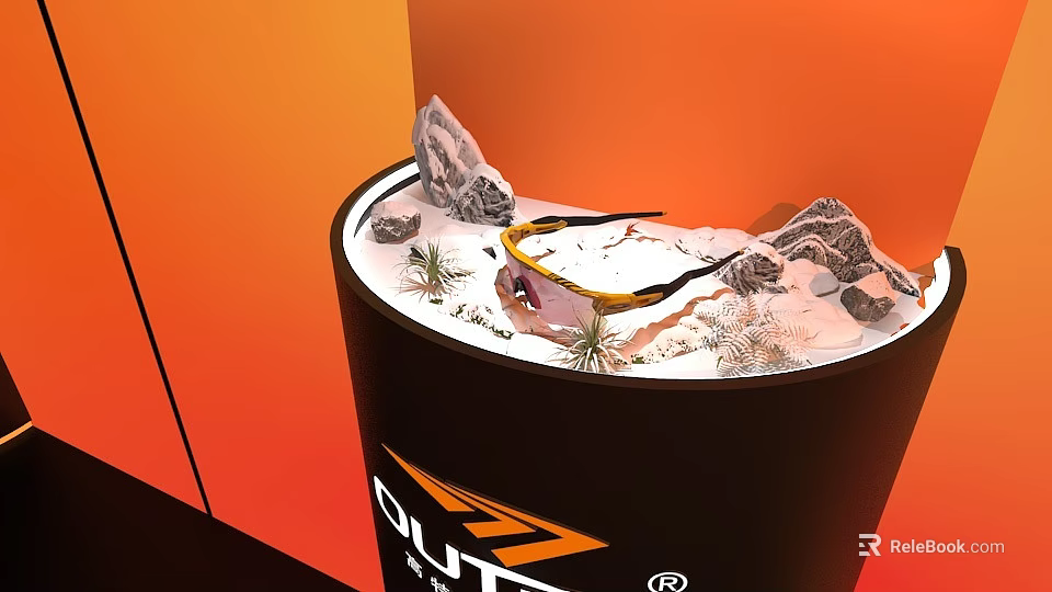 Floral Display Design With Black Cylindrical Base Orange Background White Sand Stones And Small Plants 3d model 