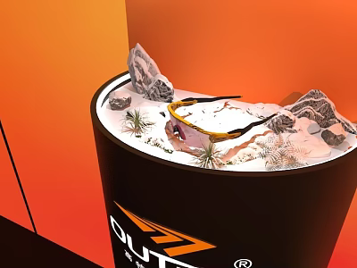 Floral Display Design With Black Cylindrical Base Orange Background White Sand Stones And Small Plants 3d model