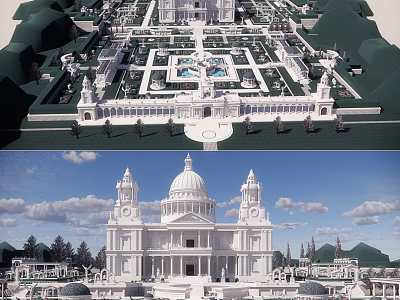 Grand Symmetrical Garden and White Classical Building Design With Fountain Geometric Layout And Dome Tower 3d model