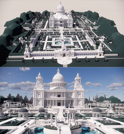 Grand Symmetrical Garden and White Classical Building Design With Fountain Geometric Layout And Dome Tower 3d model