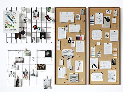 Decorative Grid And Corkboard Photo Wall With Hanging Papers Photos Notes And Small Items 3d model