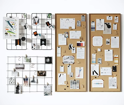 Decorative Grid And Corkboard Photo Wall With Hanging Papers Photos Notes And Small Items 3d model