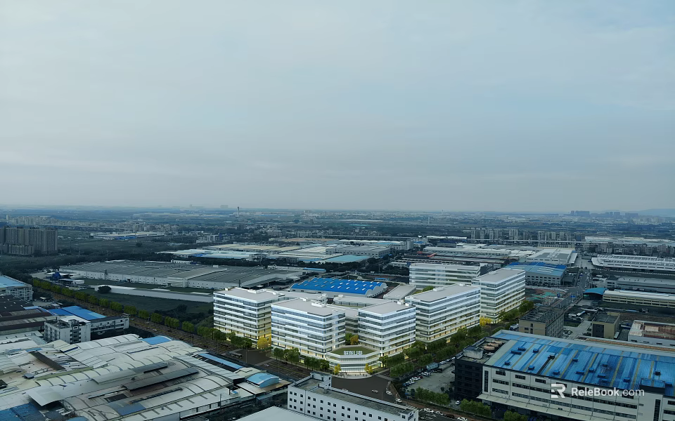 Aerial Planning of Industrial Zone With White Multi Story Buildings Blue Roofs And Greenery 3d model 