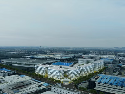 Aerial Planning of Industrial Zone With White Multi Story Buildings Blue Roofs And Greenery 3d model